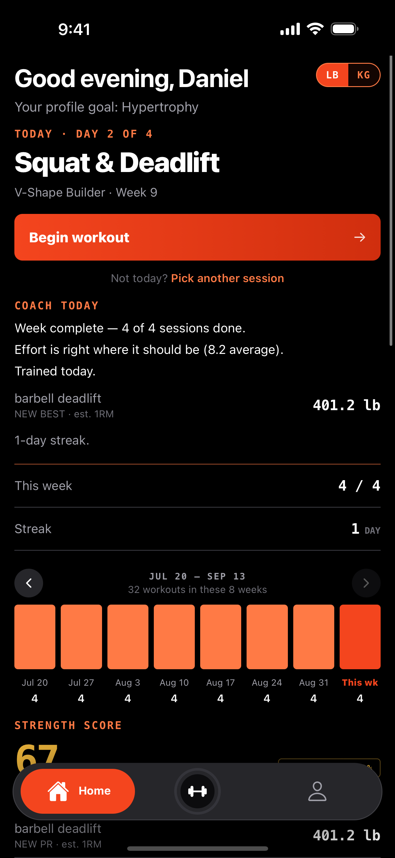 The Reprz home screen: today's session, this week's four completed workouts, a one-day streak, a bar chart of eight weeks of training and a strength score of 67.