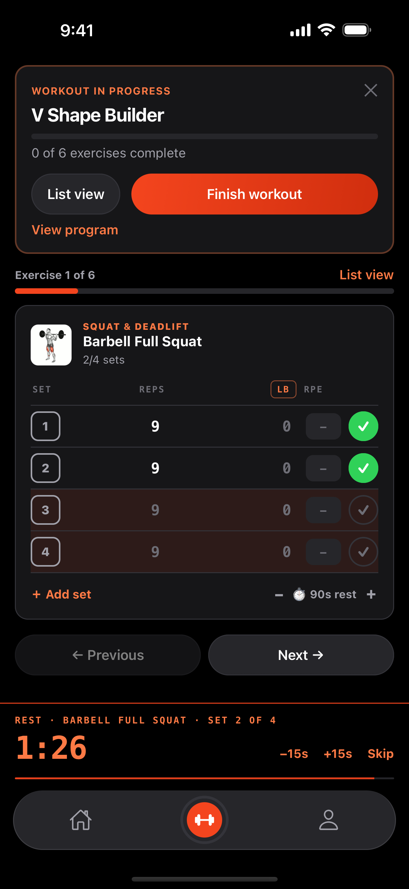 Focus mode during a workout: barbell full squat, two of four sets logged, and a rest timer at one minute twenty-six seconds.