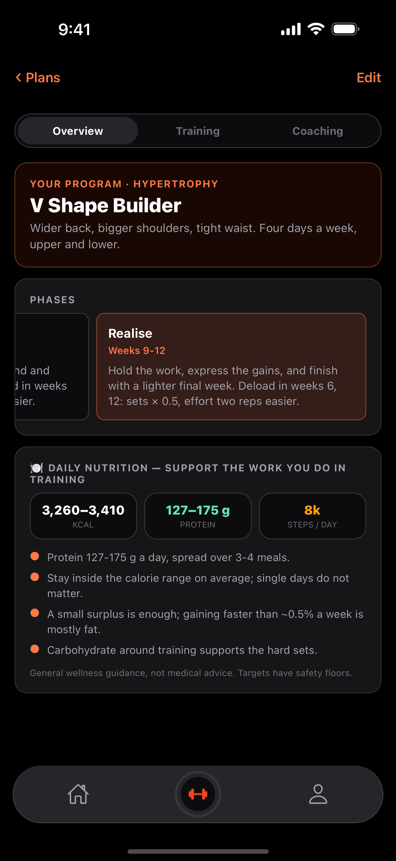 A program overview for V Shape Builder: a four-day upper and lower split, its training phases, and daily targets of 3,260 to 3,410 calories and 127 to 175 grams of protein.