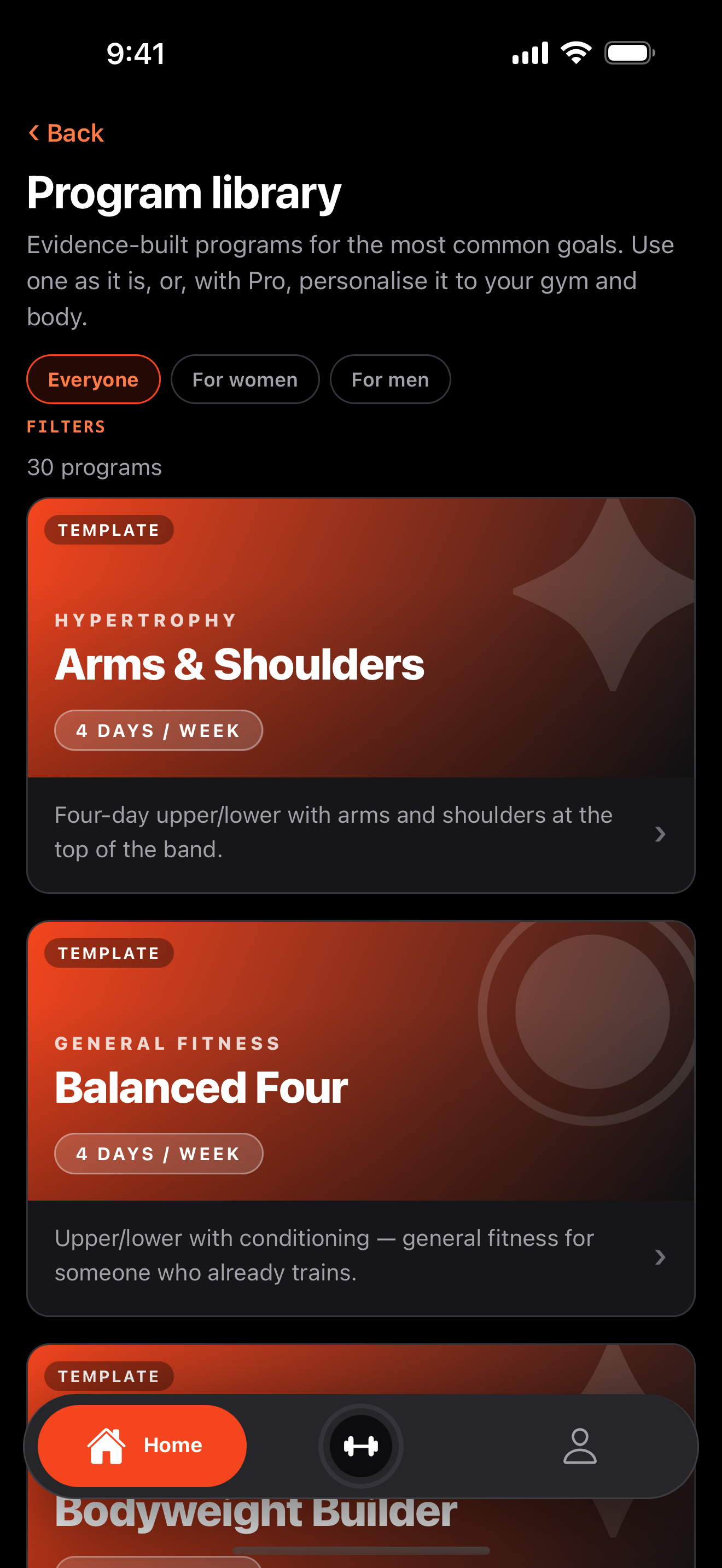 The program library: 30 programs, with Arms and Shoulders, Balanced Four and Bodyweight Builder shown, each listing its goal and days per week.
